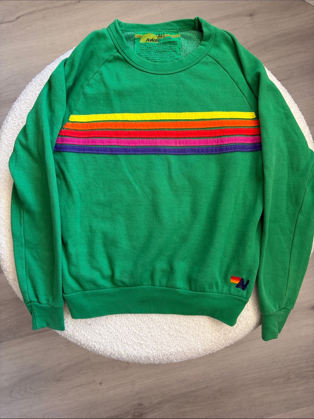 Aviator Nation Green Crewneck with Multicolor Chest Stripes